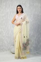 Cream Pure Mul Cotton Kantha Embroidered Saree