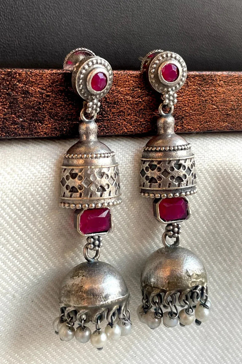 Oxidized Silver Jhumki Earrings with Monalisa Stone