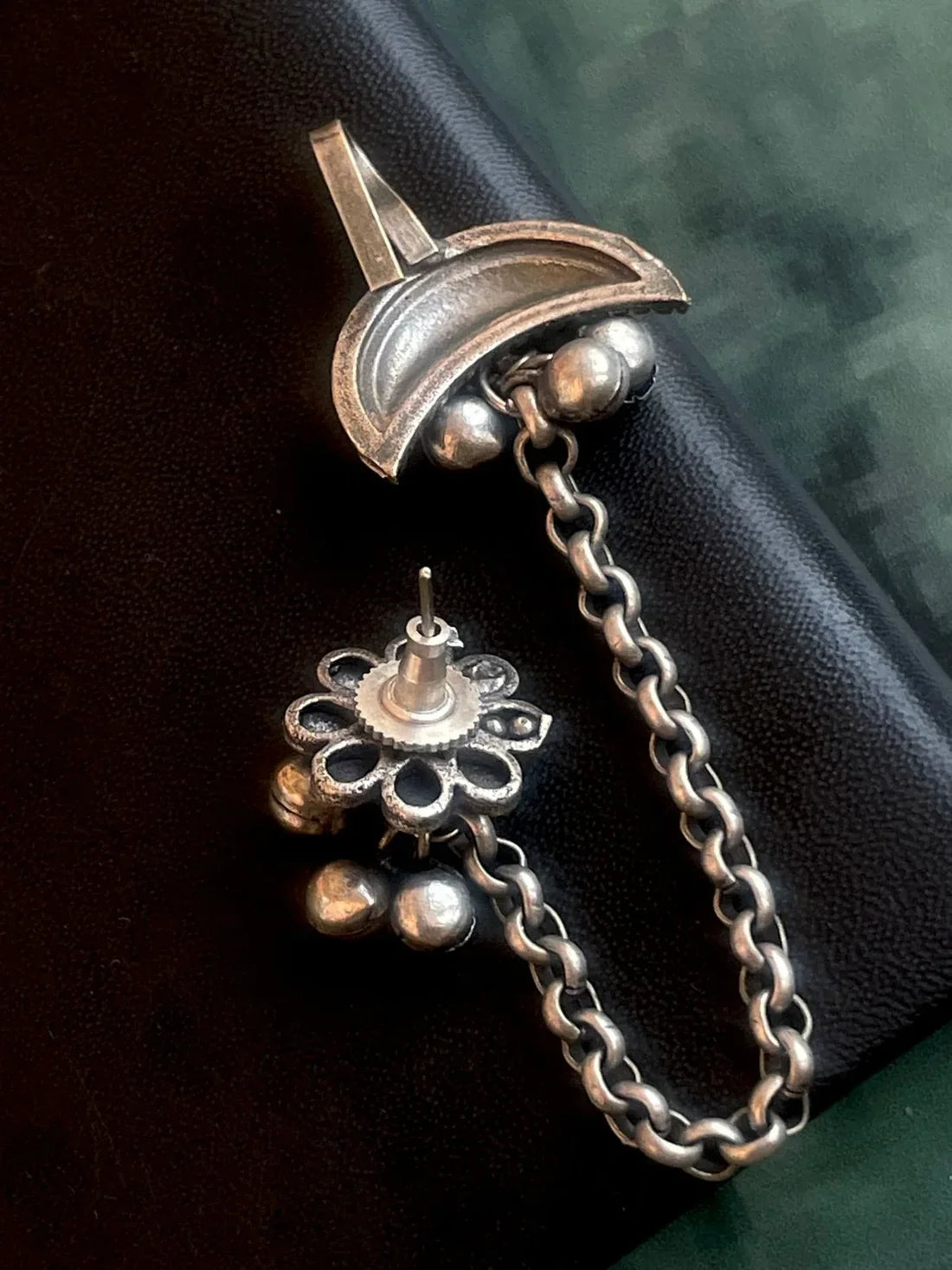 Oxidized Silver Jhumki Earrings with Monalisa Stone