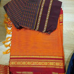 Handloom Cotton Silk Ilkal Saree With Pure Resham Pallu - Orange and Red Border