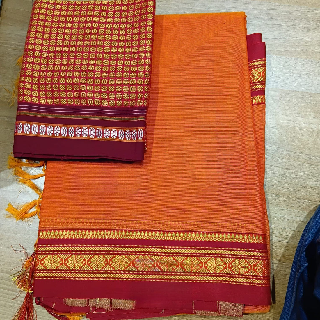 Handloom Cotton Silk Ilkal Saree With Pure Resham Pallu - Orange and Red Border