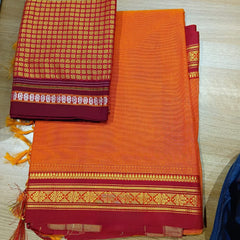 Handloom Cotton Silk Ilkal Saree With Pure Resham Pallu - Orange and Red Border