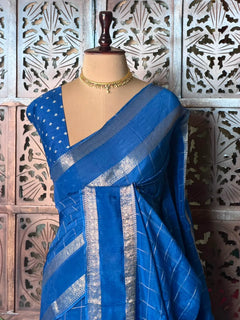 Royal Blue Viscose Crepe Saree with Silver Zari Border