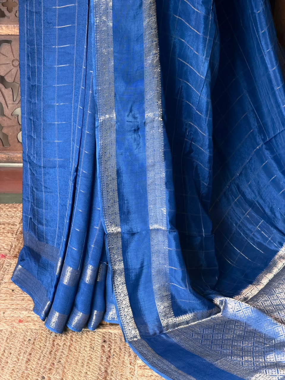 Royal Blue Viscose Crepe Saree with Silver Zari Border