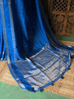 Royal Blue Viscose Crepe Saree with Silver Zari Border