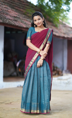 Padmaja Peacock Blue & Maroon Cotton Half Saree