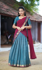 Padmaja Peacock Blue & Maroon Cotton Half Saree