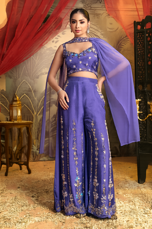 Royal Purple Dola Silk Palazzo Set with Handwork Detailing