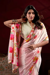 Peachy Floral Pink Satin Saree