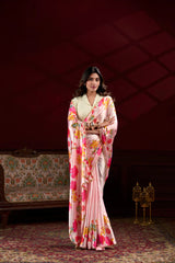 Peachy Floral Pink Satin Ready to wear Saree