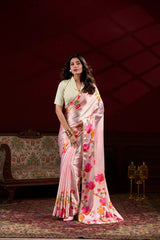 Peachy Floral Pink Satin Ready to wear Saree