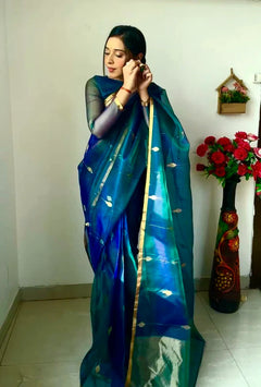 Coral Pink Dual Tone Chanderi Organza Silk Saree with Jhumka Zari Motifs