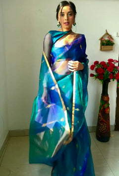 Coral Pink Dual Tone Chanderi Organza Silk Saree with Jhumka Zari Motifs