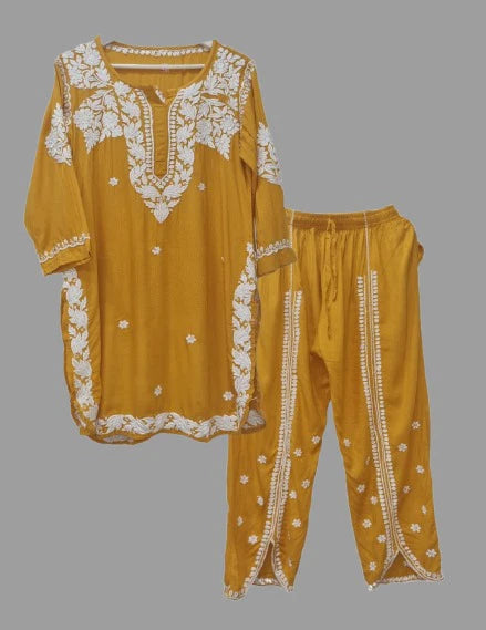 Mustard Modal Cotton Chikankari Tulip Set