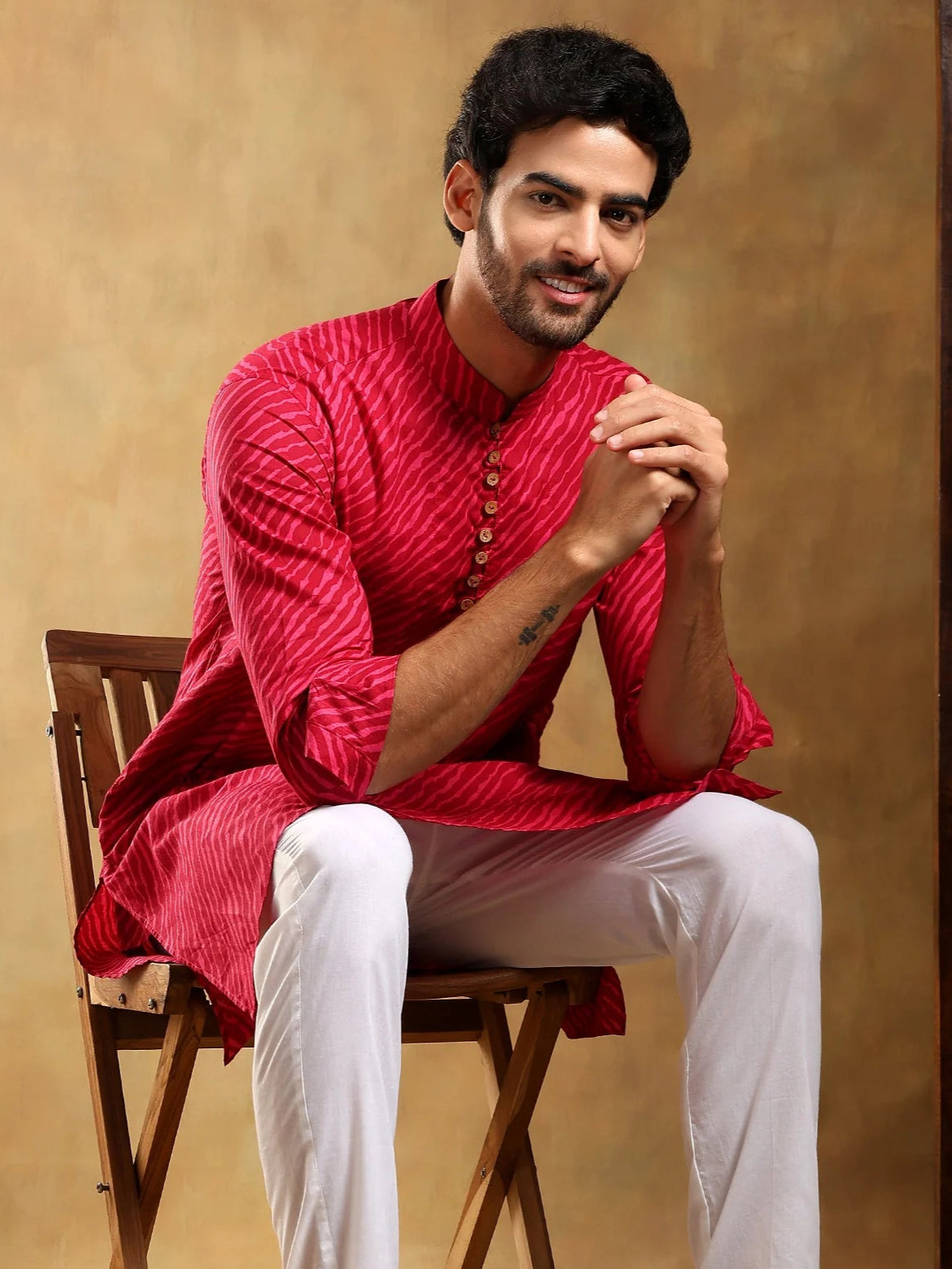 Pink Cotton Leheriya Kurta Set