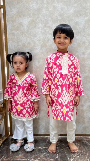 Pink Ikat Boys Kurta set
