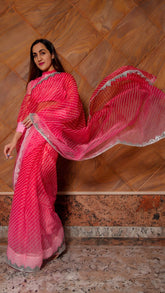 Pink Leheriya Organza Saree