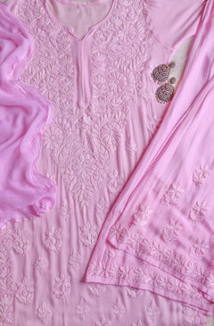 Rosé Noor Chikankari Viscose/Georgette 3-Piece Suit Set
