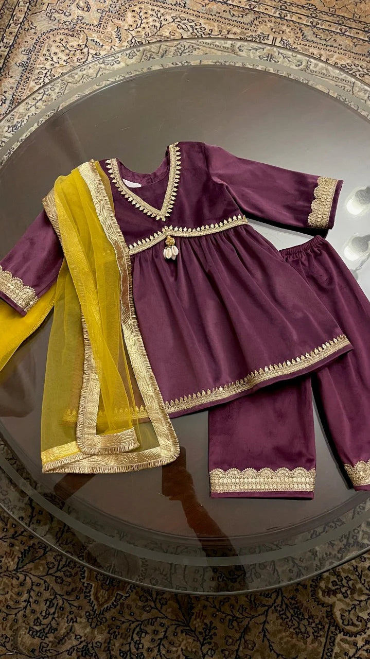 Plum Velvet Girls Kurta Set
