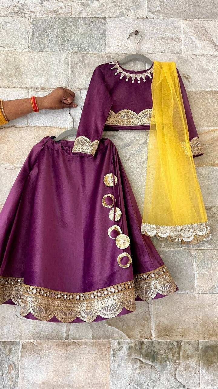 Plum Velvet Girls Lehenga Set