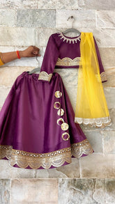 Plum Velvet Girls Lehenga Set