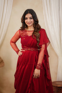 Premium Red Designer Pre-Draped Lehenga Set with Embellished Blouse & Hand-Worked Belt