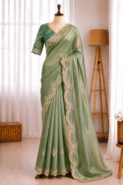 Sage Green Moss Chiffon Embroidered Saree