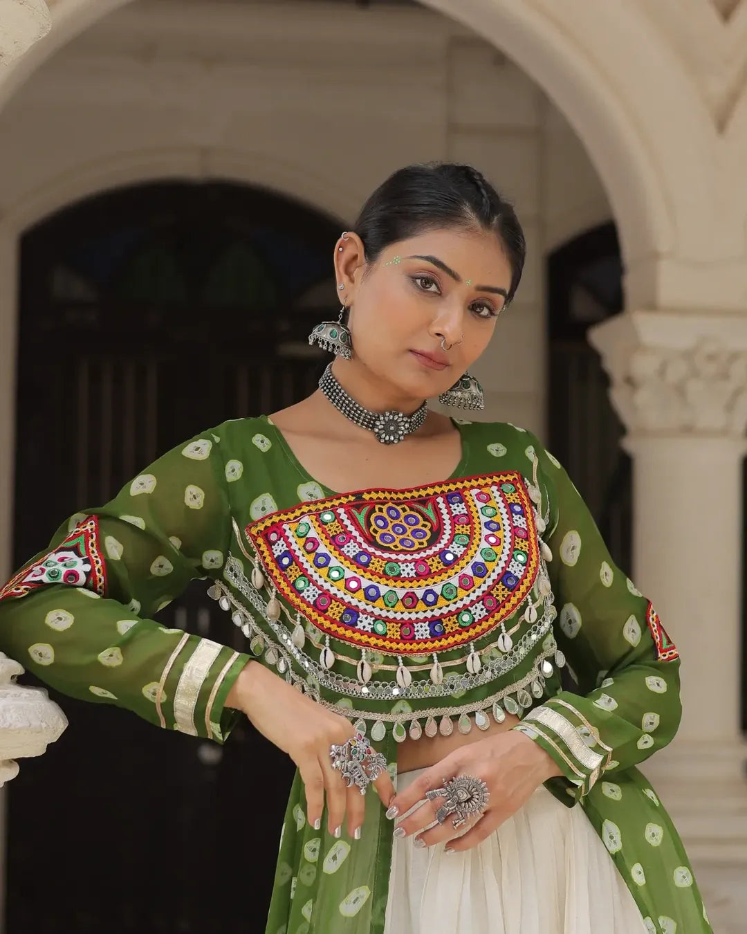 Navratri Royal Embroidered Jacket Lehenga Set with White Flared Skirt