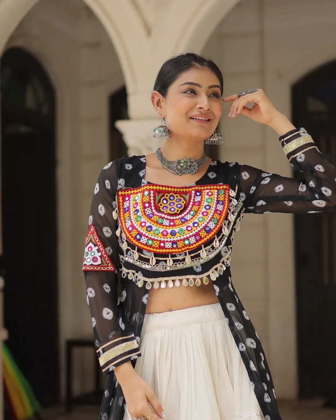 Navratri Royal Embroidered Jacket Lehenga Set with White Flared Skirt
