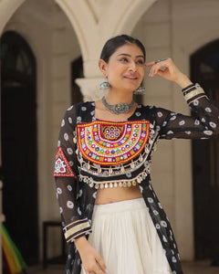 Navratri Royal Embroidered Jacket Lehenga Set with White Flared Skirt