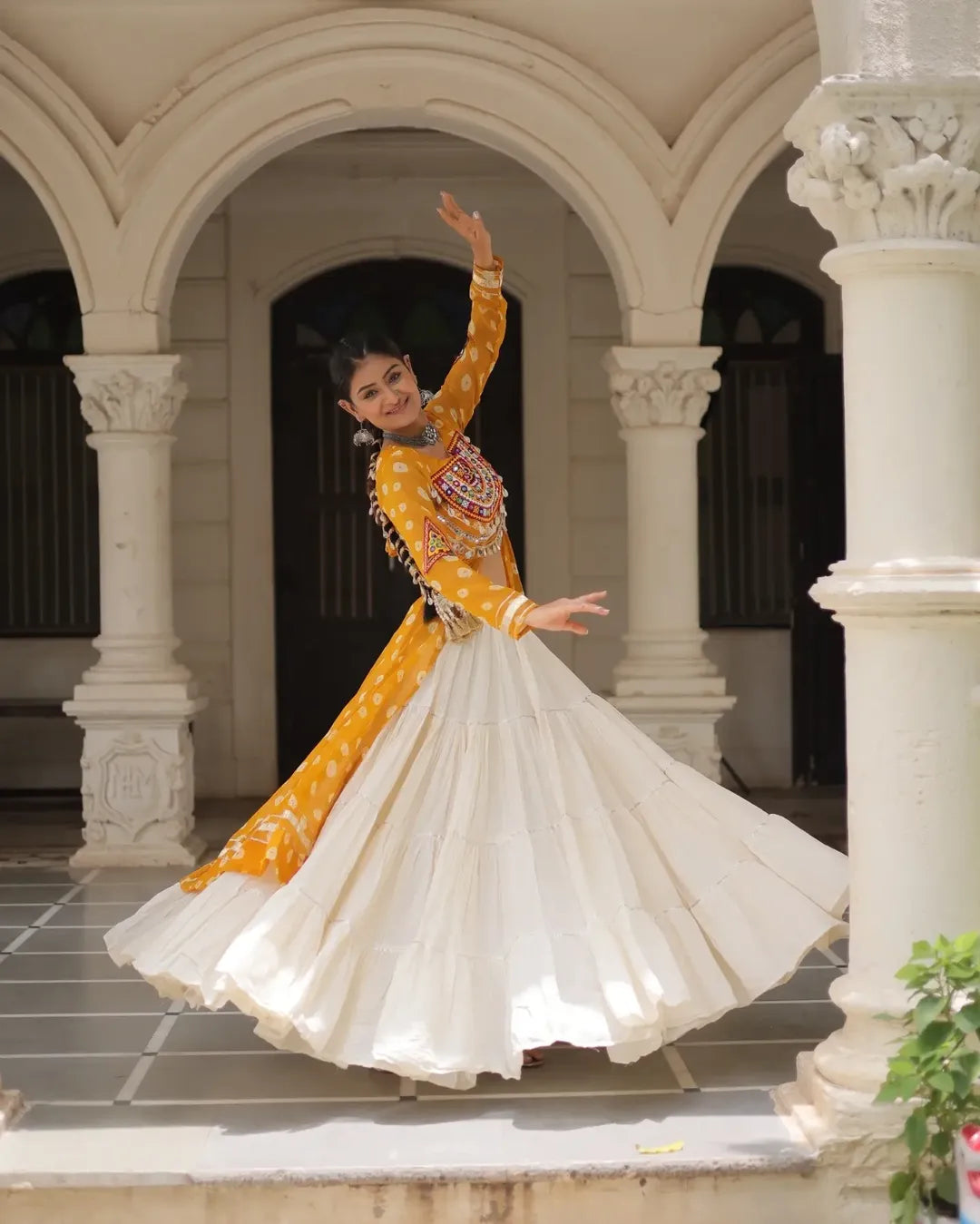 Navratri Royal Embroidered Jacket Lehenga Set with White Flared Skirt