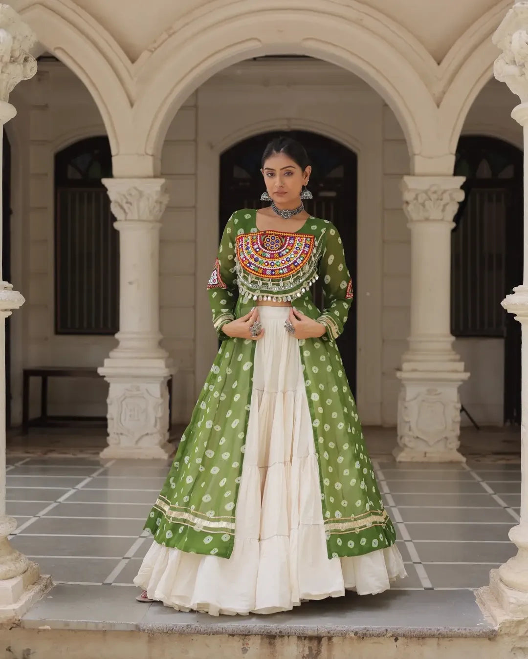Navratri Royal Embroidered Jacket Lehenga Set with White Flared Skirt