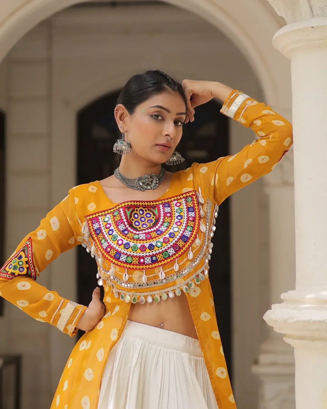 Navratri Royal Embroidered Jacket Lehenga Set with White Flared Skirt