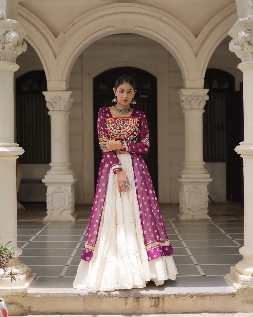 Navratri Royal Embroidered Jacket Lehenga Set with White Flared Skirt