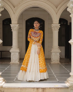 Navratri Royal Embroidered Jacket Lehenga Set with White Flared Skirt