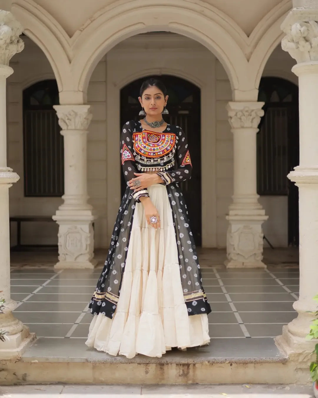 Navratri Royal Embroidered Jacket Lehenga Set with White Flared Skirt