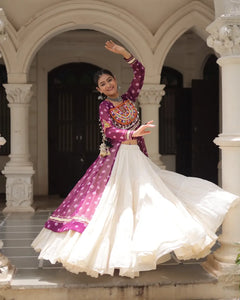 Navratri Royal Embroidered Jacket Lehenga Set with White Flared Skirt
