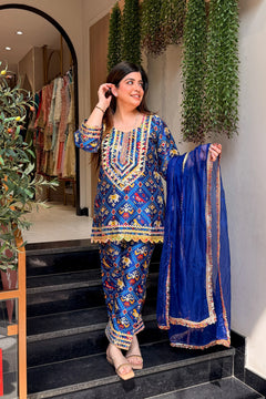 Women's Printed & Embroidered Silk Suit Set with Dupatta