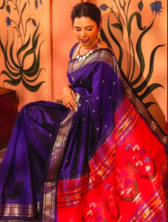 Paithani Weave with Peach and Gold Border with Double Pallu