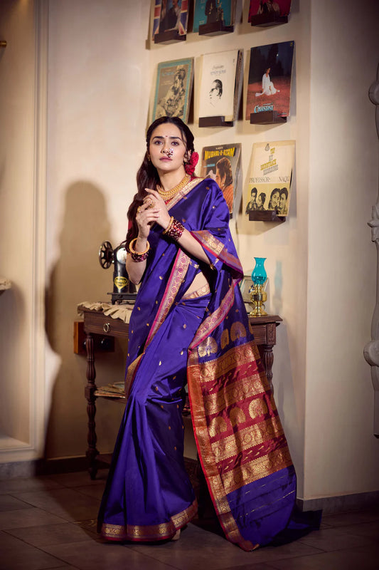 Pure Silk Jijamata Saree – Rani Pink with Gold Zari Border