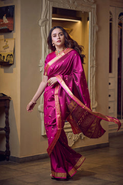 Pure Silk Jijamata Saree – Rani Pink with Gold Zari Border