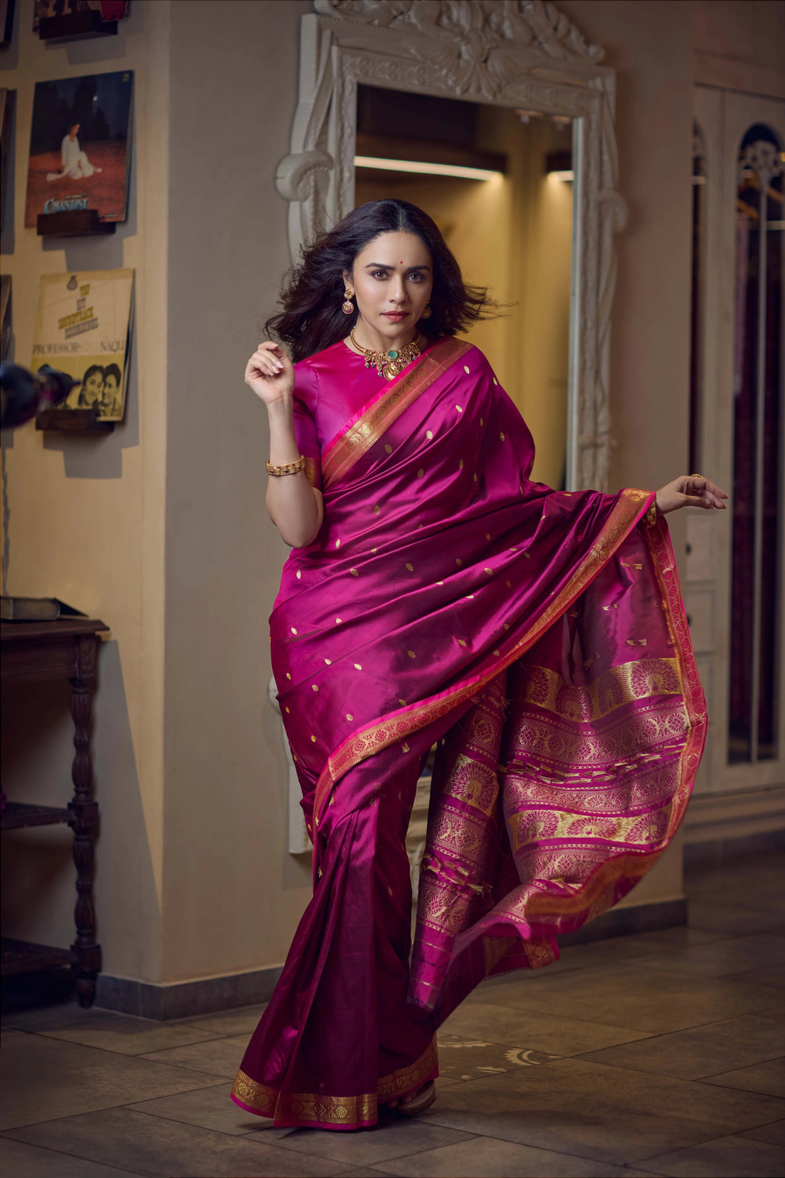 Pure Silk Jijamata Saree – Rani Pink with Gold Zari Border