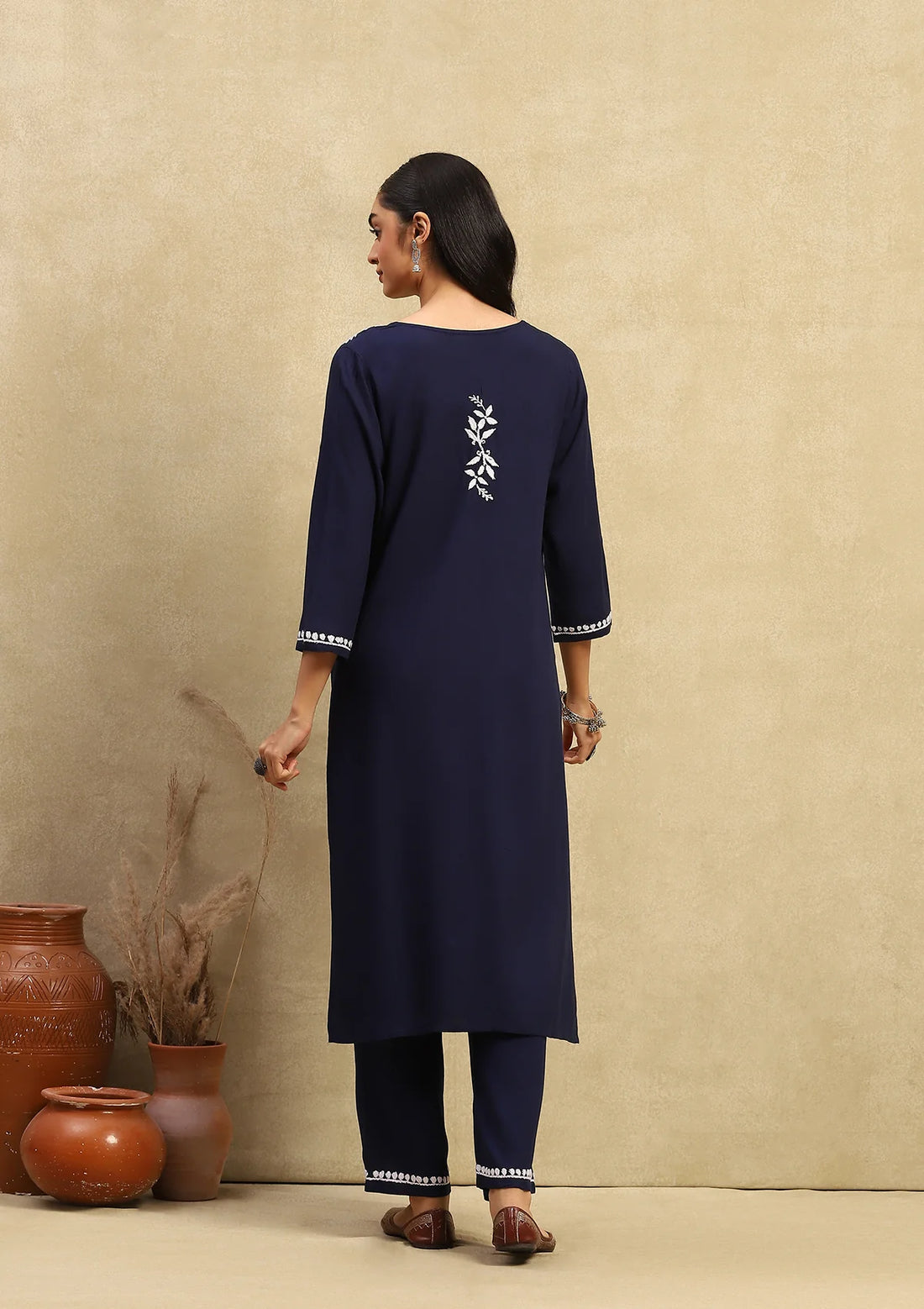 Navy Blue Rayon Chikankari Straight Kurta Set