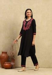 Black Rayon Chikankari Straight Kurta Set