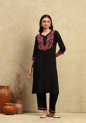 Black Rayon Chikankari Straight Kurta Set