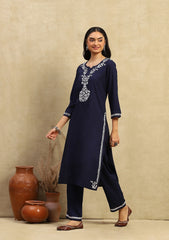 Navy Blue Rayon Chikankari Straight Kurta Set