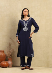 Navy Blue Rayon Chikankari Straight Kurta Set