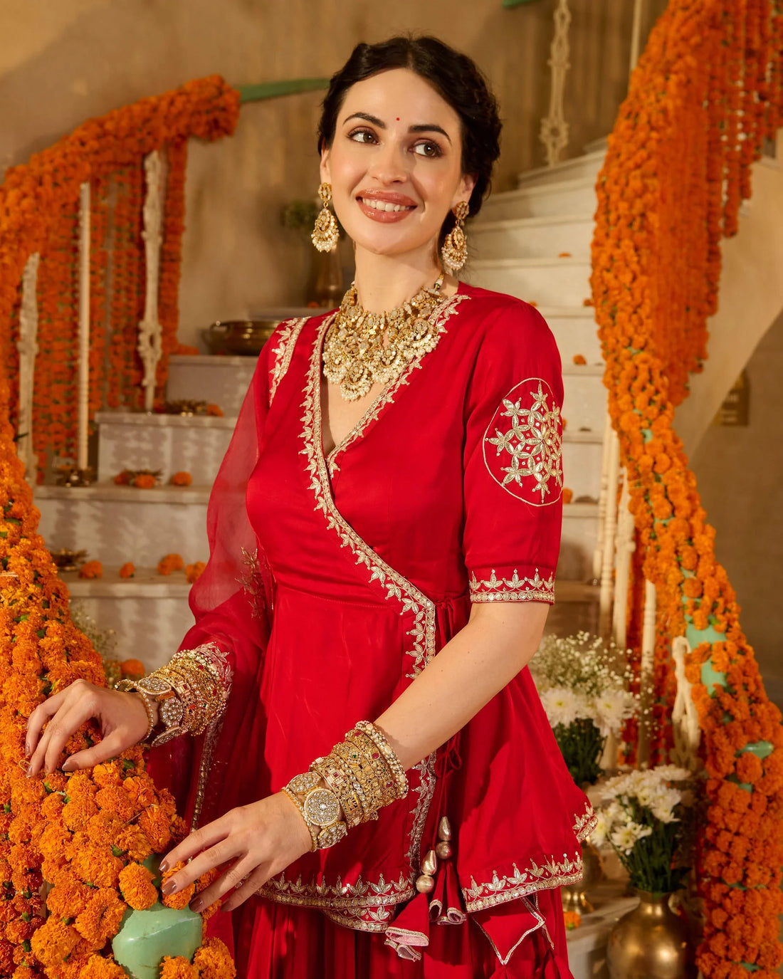 Red Solid Satin Angrakha Lehenga Set
