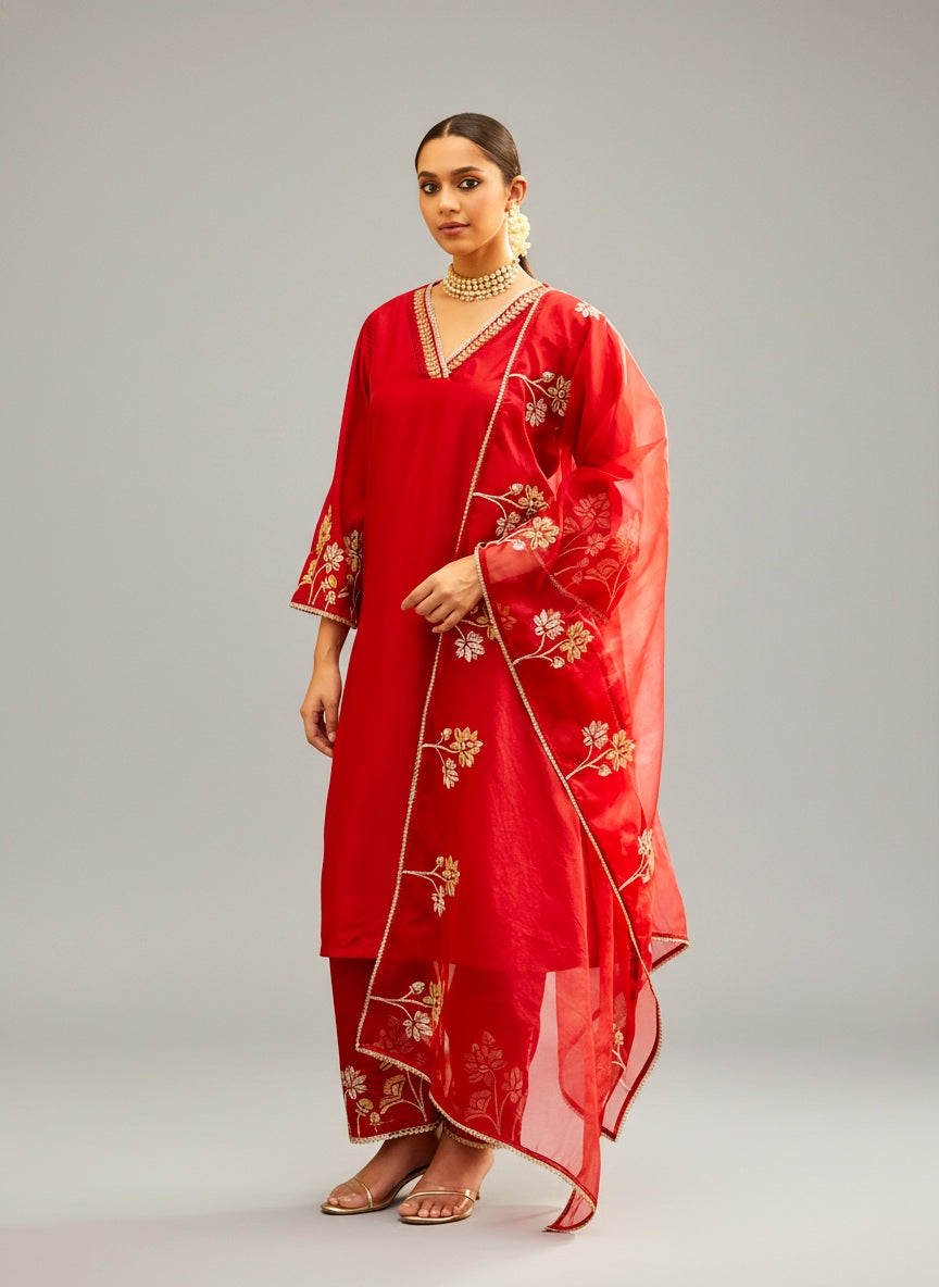Red Embroidered Organza Dupatta