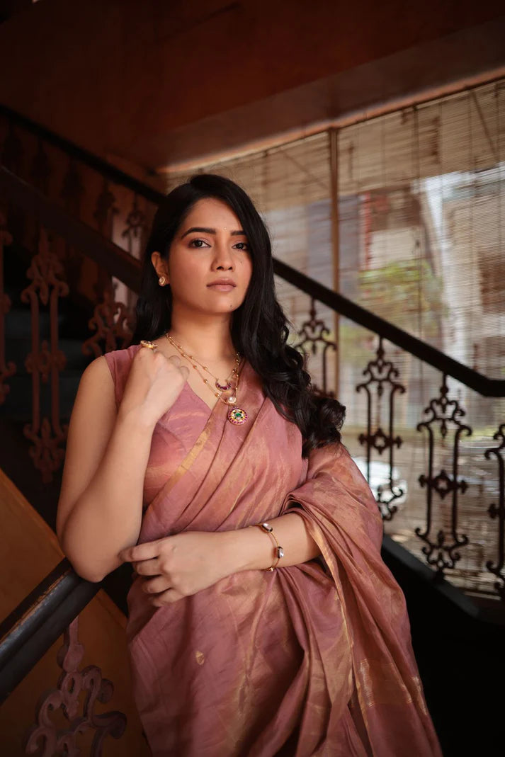 Rose Gold Maheshwari Tissue Silk Saree with Zari Bootis
